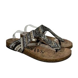 Sam & Libby Cork Bottom Slip On Metallic Aztec Embroidered Flip Flop Sandals 9